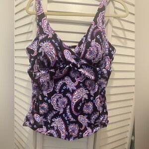 SWIM SOLUTIONS “Crossover Paisley Print Tankini Top” Size 18 Black/Purple EUC